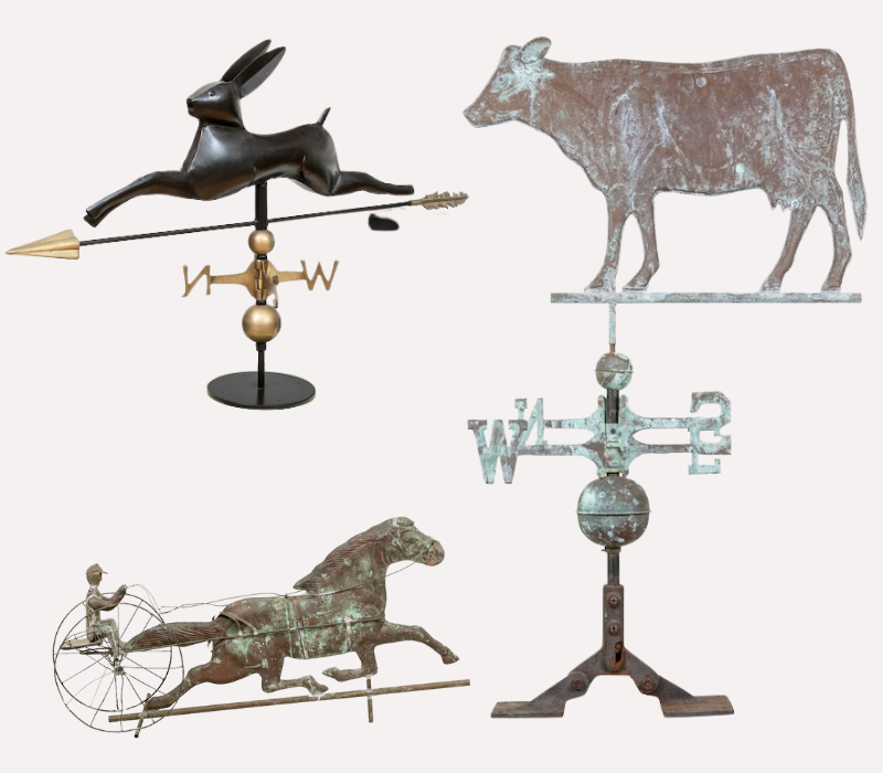 Three Americana weathervanes including a rabbit, cow and horse with buggy